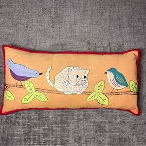 Embroidered Pillow Cat and Birds on Branch Orange 18”x9” Button Back Closure